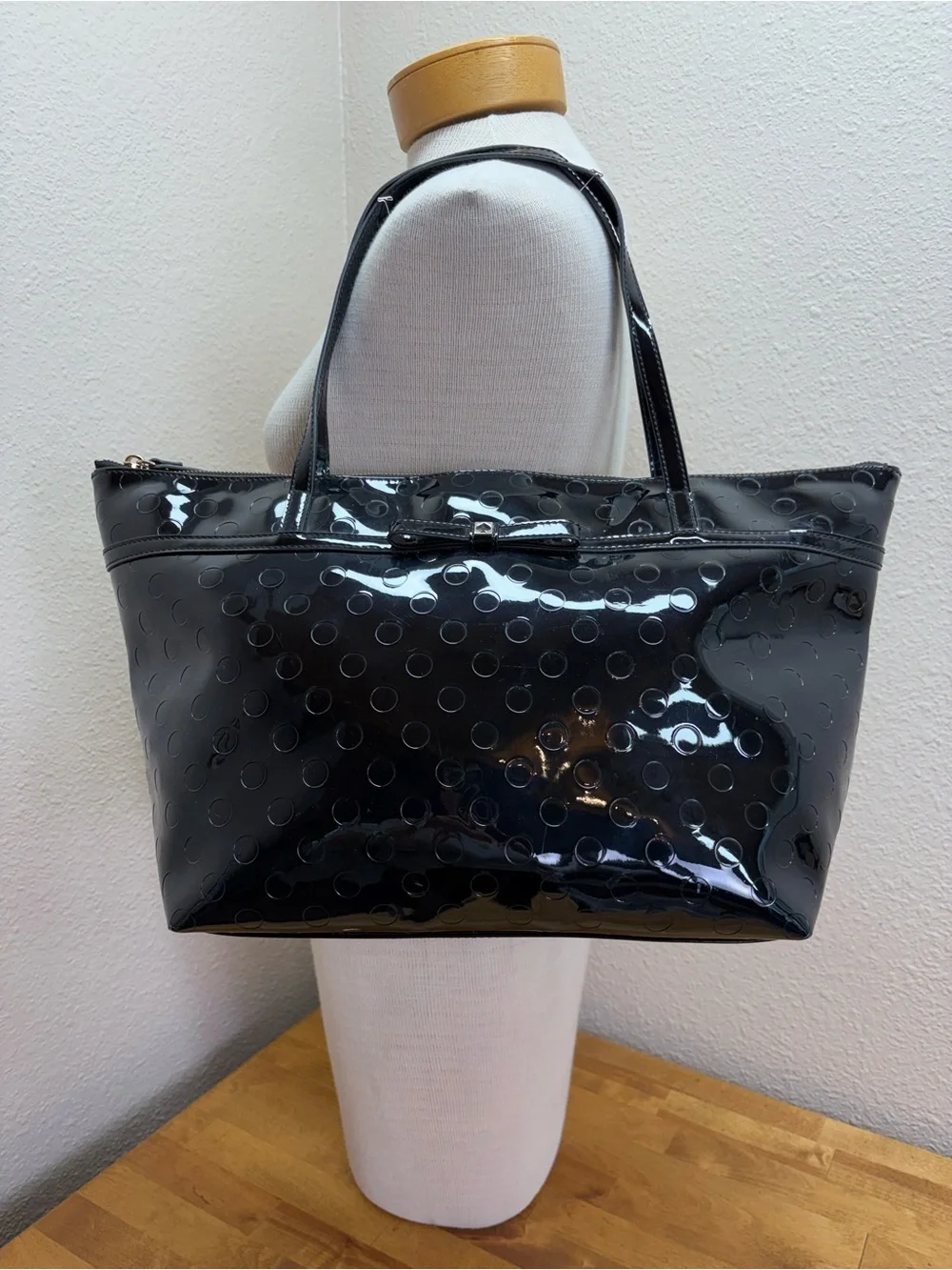 Kate Spade New York Black Patent Polka Dot Bow Tote Zip Shoulder Bag Large